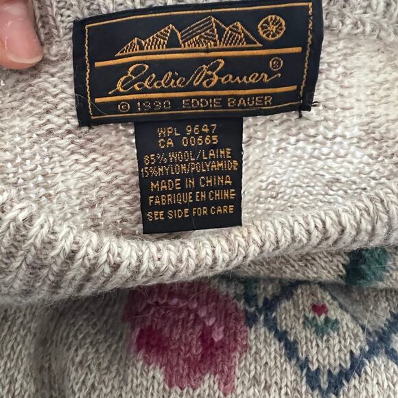 Vintage 1990 Eddie bauer wool sweater tan pink roses - Picture 10 of 10
